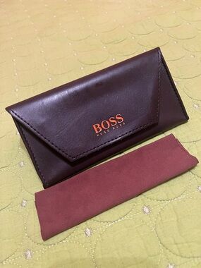 Hugo Boss Dark Brown Leather Sunglasses Case with Burgundy Sleeve